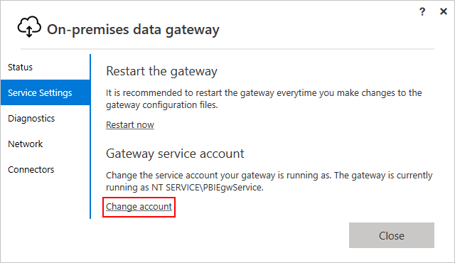 オンプレミス データゲートウェイのインストーラーと、ゲートウェイのサービス アカウントを変更するボタンが選択された [サービス設定] ページを示すスクリーンショット。