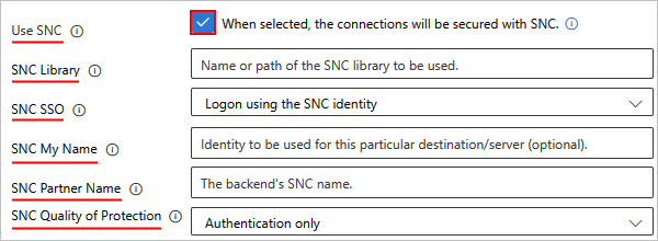 SNC が有効な従量課金での SAP 接続の設定を示すスクリーンショット。