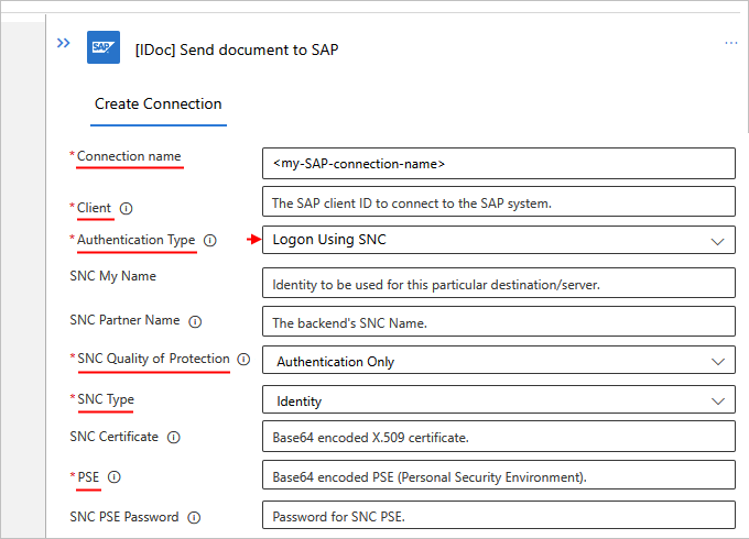 SNC が有効な Standard ワークフローの SAP 組み込み接続の設定を示すスクリーンショット。
