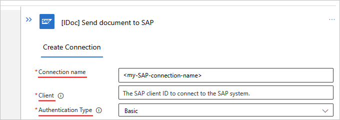 基本認証を使用する Standard ワークフローの SAP 組み込み接続の設定を示すスクリーンショット。
