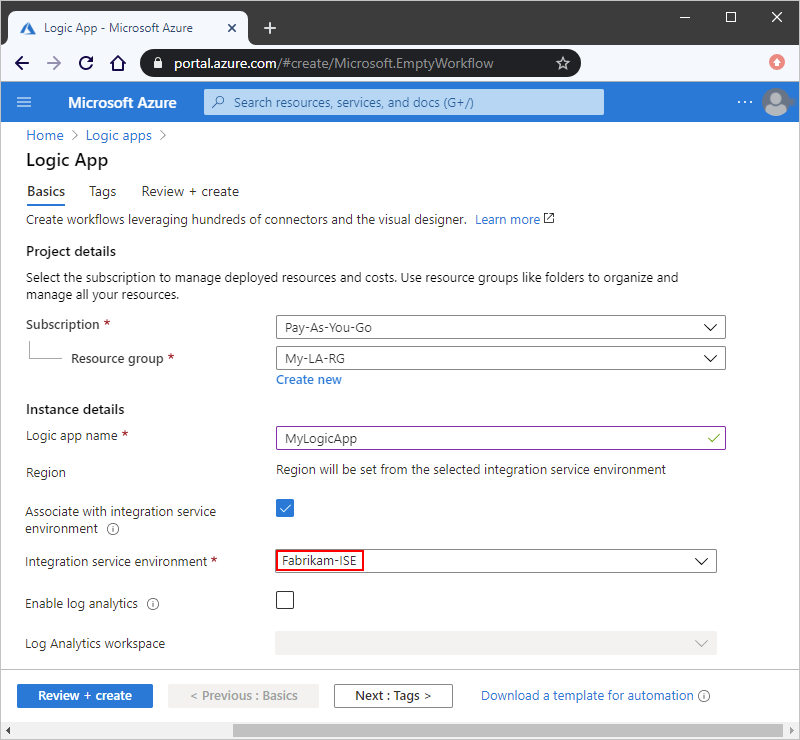 Azure portal のスクリーンショット。統合サービス環境が選択されています。