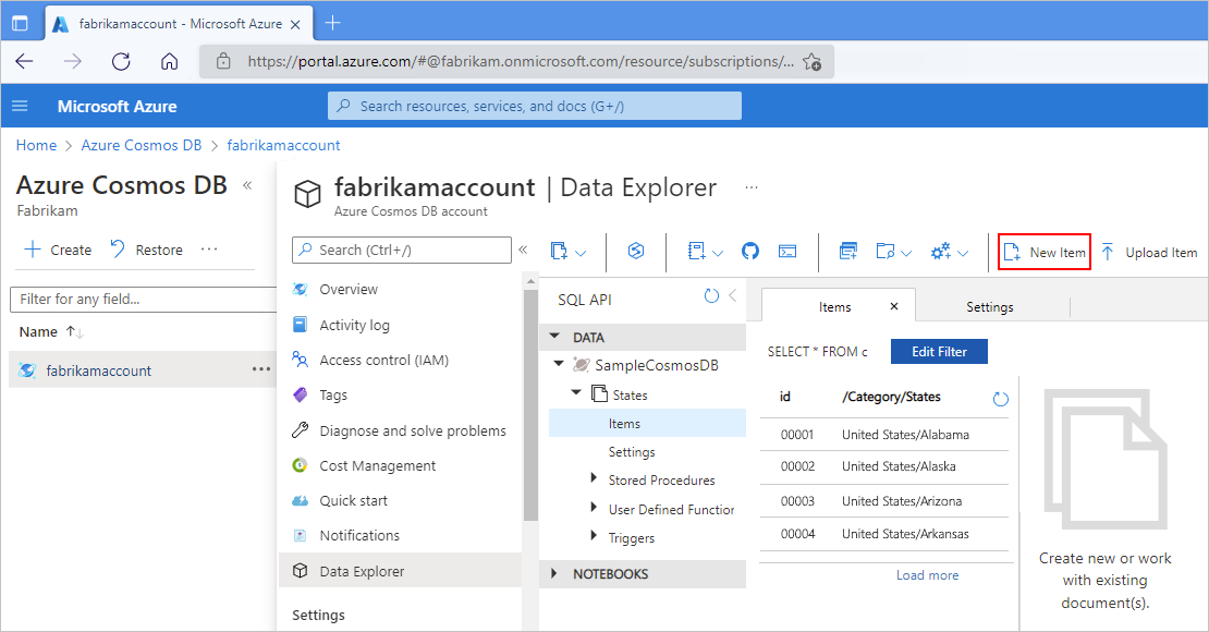 指定したデータベースとコレクションに対して開かれている Azure portal、Azure Cosmos DB アカウント、Data Explorer を示すスクリーンショット。