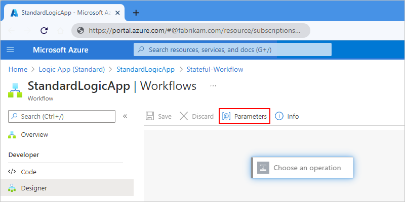 Azure portal、Standard ワークフローのデザイナー、デザイナー ツールバーの [パラメーター] が選択された状態を示すスクリーンショット。
