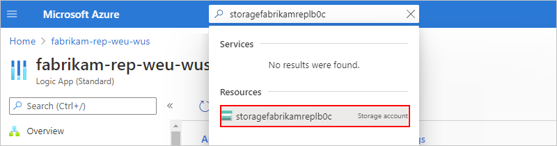 Azure portal の検索ボックスにストレージ アカウントの名前が入力された画面のスクリーンショット。