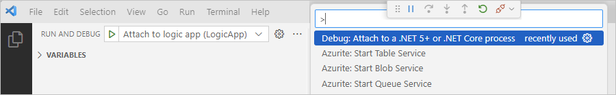 スクリーンショットは、[Attach to .NET Functions (Functions)] (.NET Functions (Functions) にアタッチ) が選択され、[再生] ボタンが選択された [Run and Debug] (実行とデバッグ) の一覧を示しています。