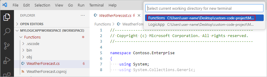 スクリーンショットは、Visual Studio Code、現在の作業ディレクトリを指定するためのプロンプト、選択した [関数] ディレクトリを示しています。