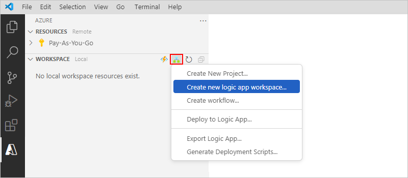 スクリーンショットは、Visual Studio Code、Azure ウィンドウ、選択したオプションである [新しいロジック アプリ ワークスペースの作成] を示しています。