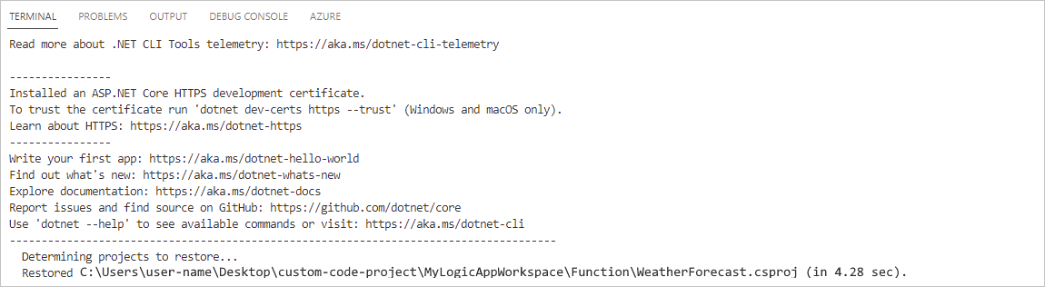 スクリーンショットは、Visual Studio Code、[Terminal] (ターミナル) ウィンドウ、入力された dotnet restore コマンドを示しています。