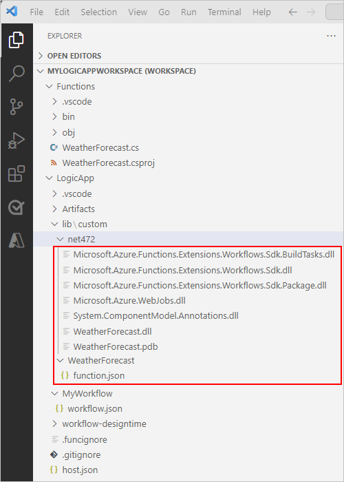 スクリーンショットには、Visual Studio Code、および .NET 関数プロジェクトとロジック アプリ プロジェクトを含むロジック アプリ ワークスペース (この時点では、生成されたアセンブリや他の必須ファイルが表示されています) が示されています。