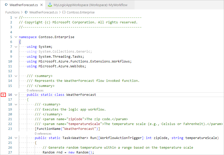 スクリーンショットは、Visual Studio Code および開いている関数コード ファイル (コード内の行にブレークポイントが設定されています) を示しています。