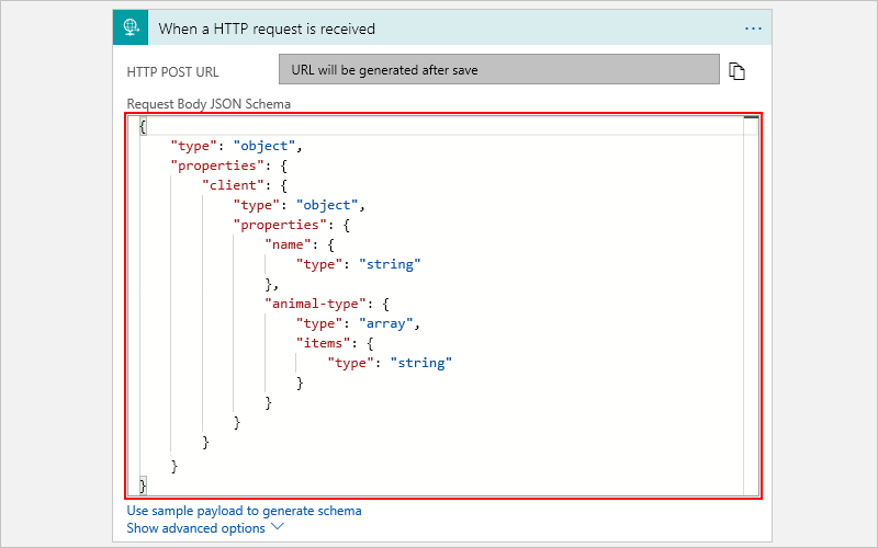 サンプル JSON ペイロードの指定