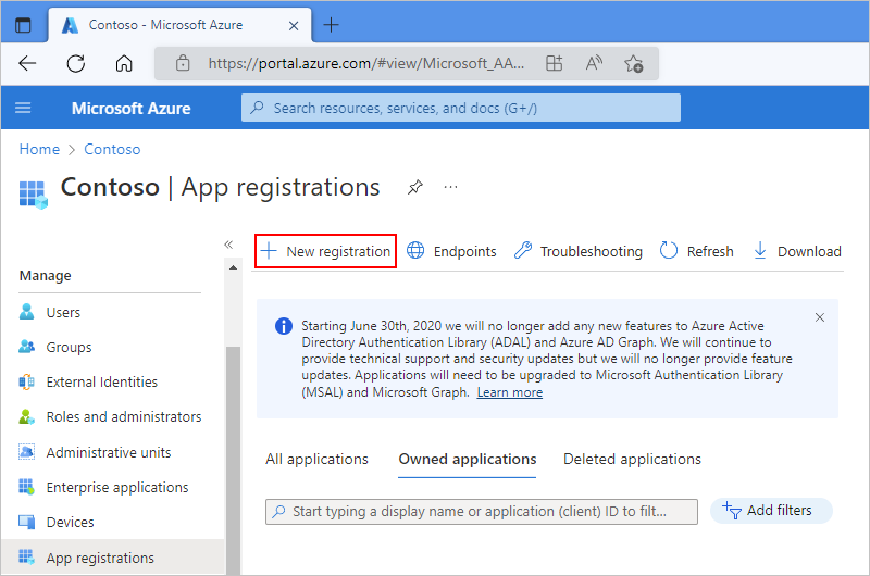 Microsoft Entra インスタンス、[アプリの登録] ペイン、[新しい登録] が選ばれている Azure portal を示すスクリーンショット。