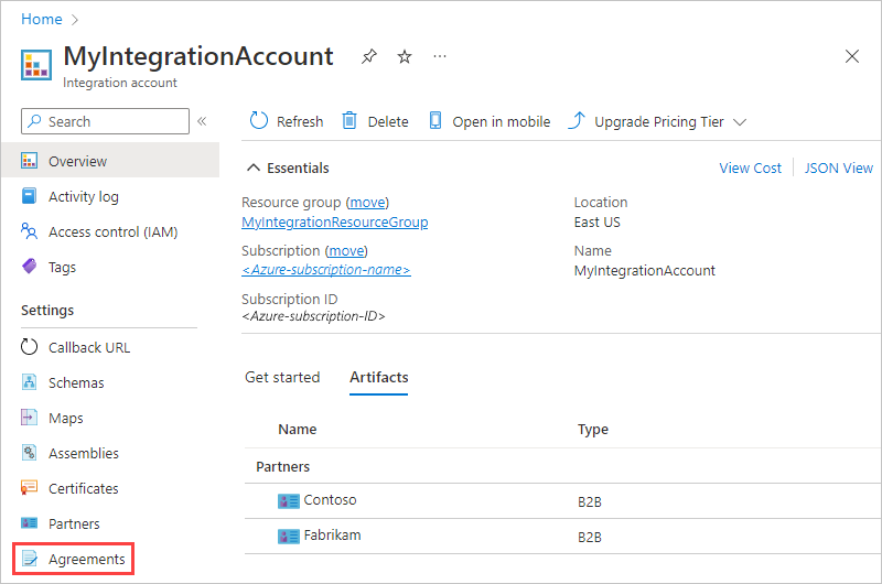 統合アカウント ページが開いている Azure portal を示すスクリーンショット。ナビゲーション メニューで、契約オプションが選択されています。