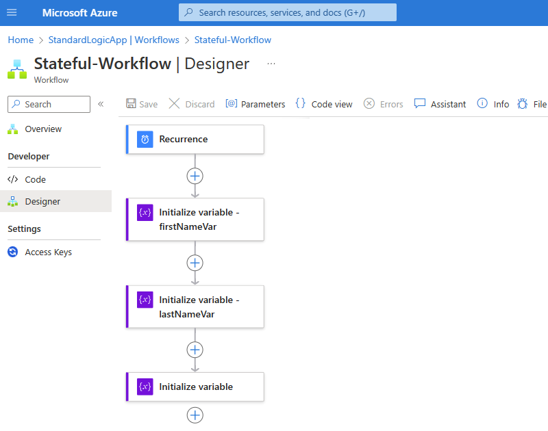 Screenshot showing the Azure portal and the designer for a sample Standard workflow for the Compose action.