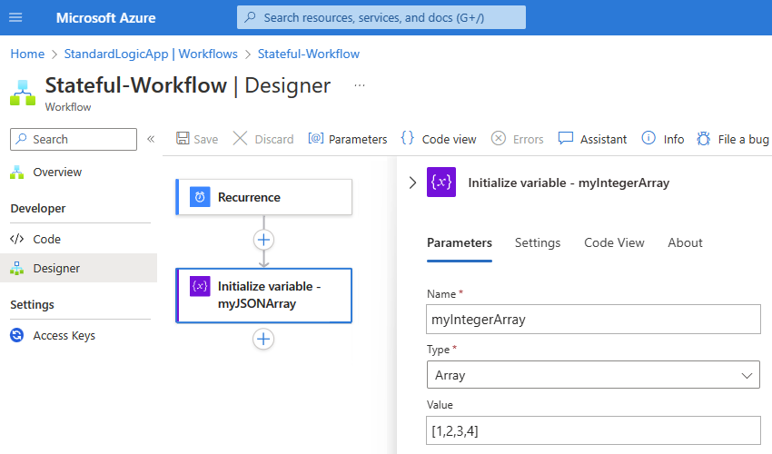 Screenshot showing the Azure portal and the designer with a sample Standard workflow for the 