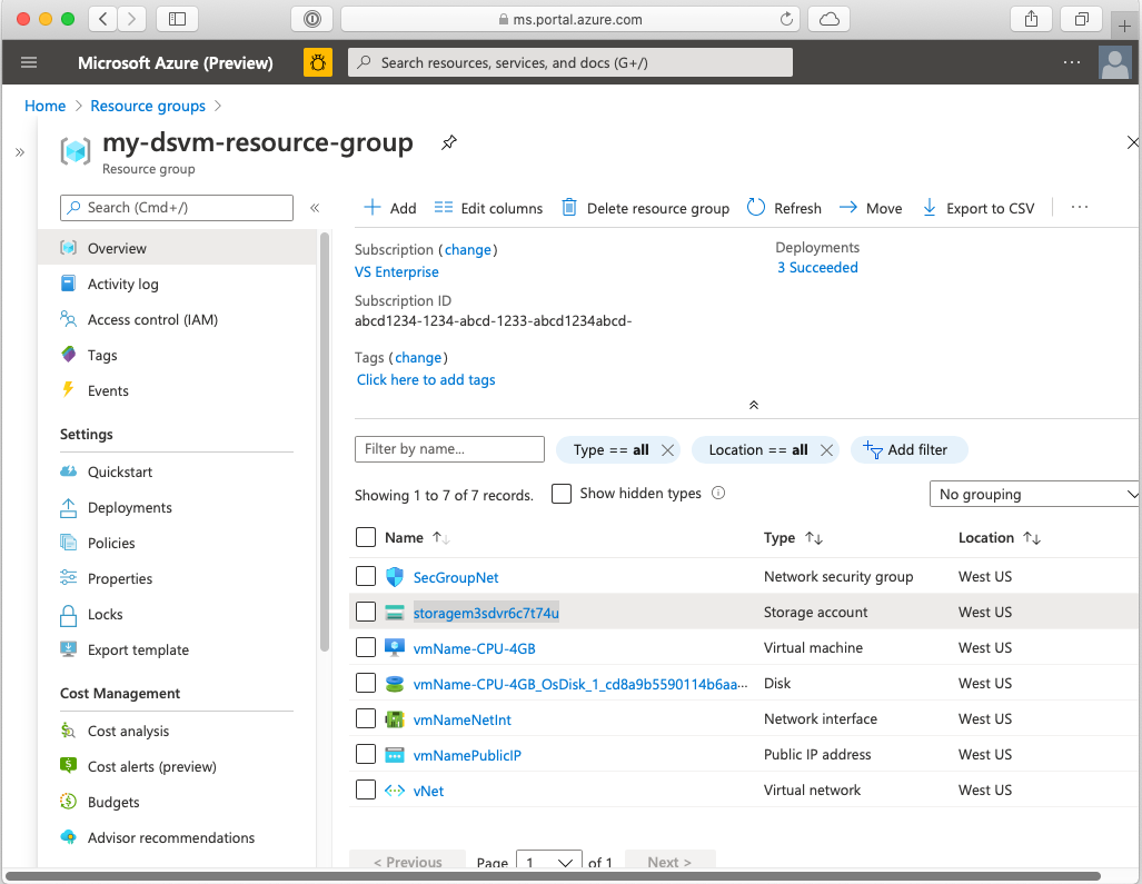 DSVM を含む基本的なリソース グループを示すスクリーンショット