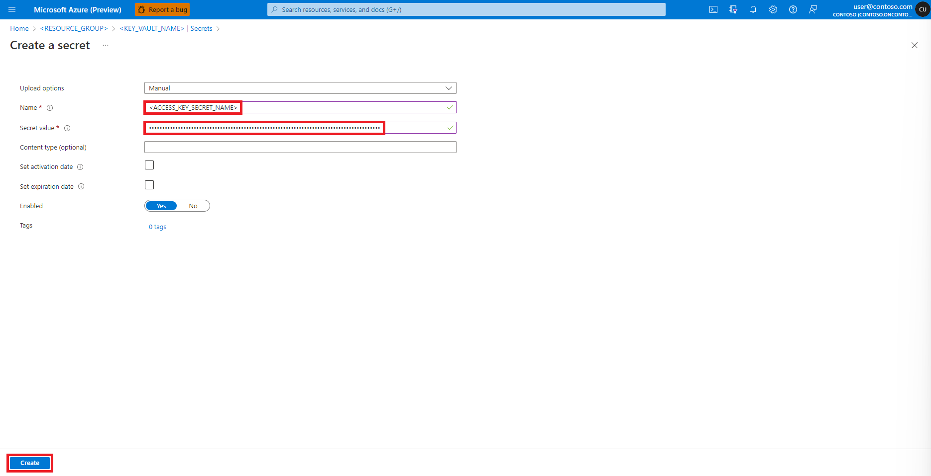 Azure のシークレットの作成画面を示すスクリーンショット。