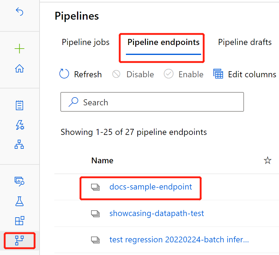 [Pipeline endpoints](パイプライン エンドポイント) タブのスクリーンショット。