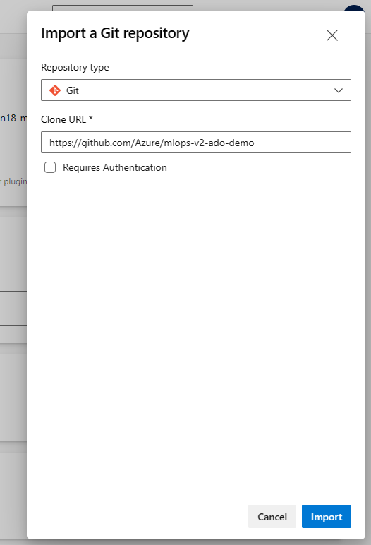 Azure DevOps の MLOps デモ リポジトリのインポートのスクリーンショット。