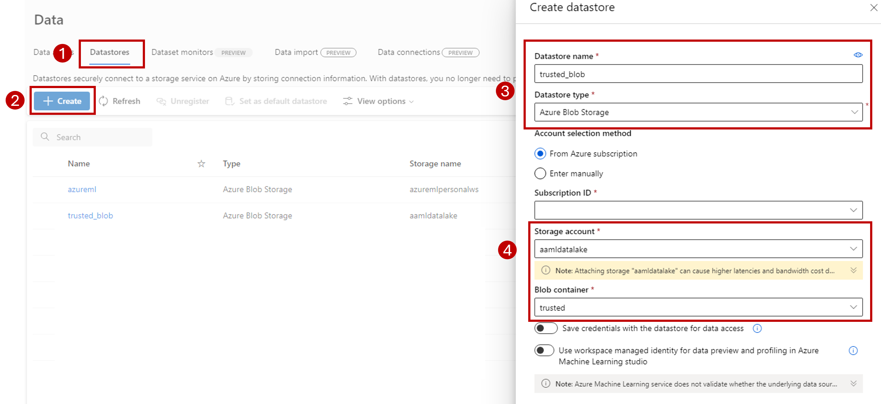 Azure Machine Learning データ ストアの構成方法を示すスクリーンショット。