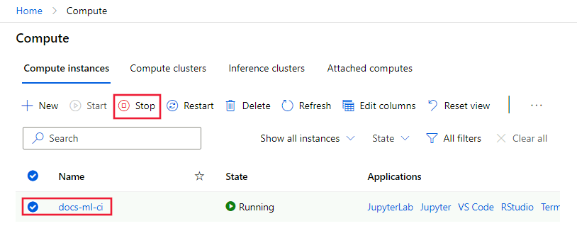 コンピューティング インスタンスの [停止] ボタンのスクリーンショット
