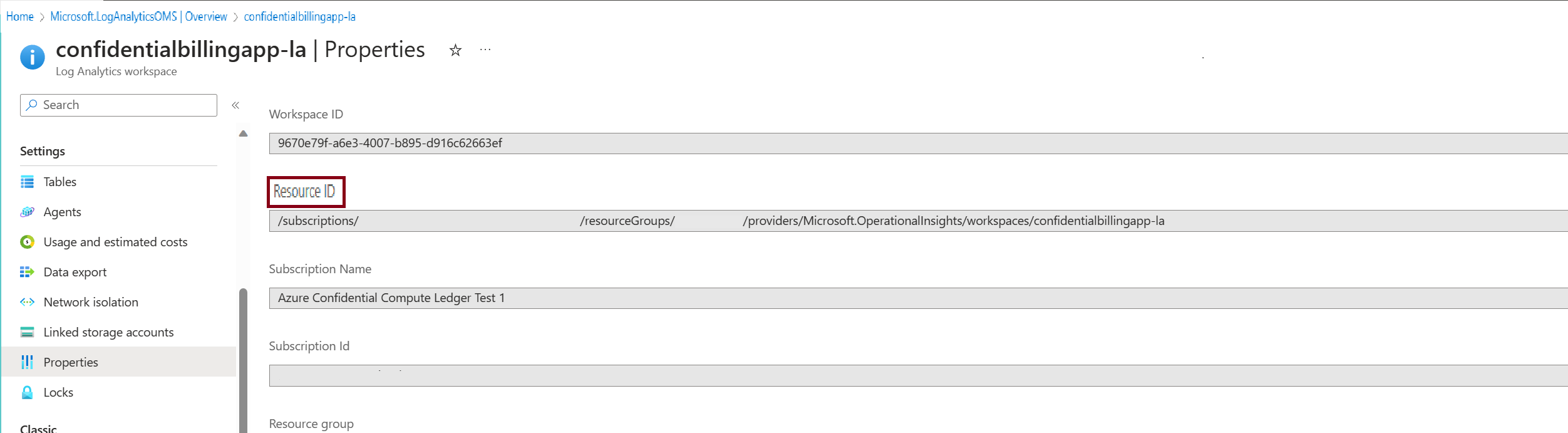 Log Analytics ワークスペース画面のプロパティを示すスクリーンショット。