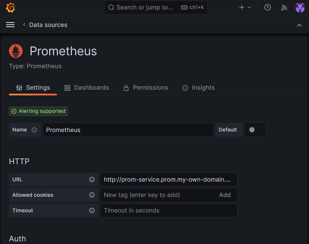 データ ソースとして Prometheus を追加していることを示す Grafana プラットフォームのスクリーンショット。