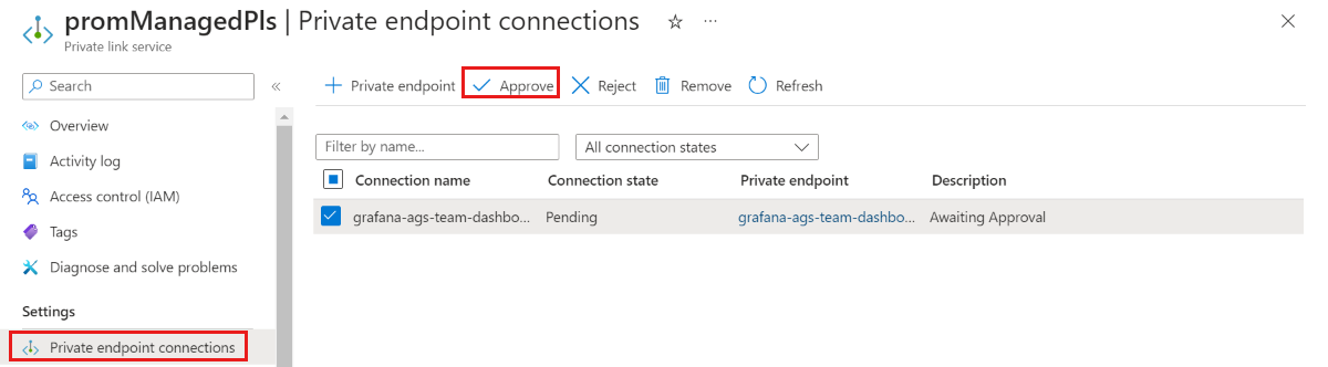 [接続の承認] アクションを示す Azure プラットフォームのスクリーンショット。