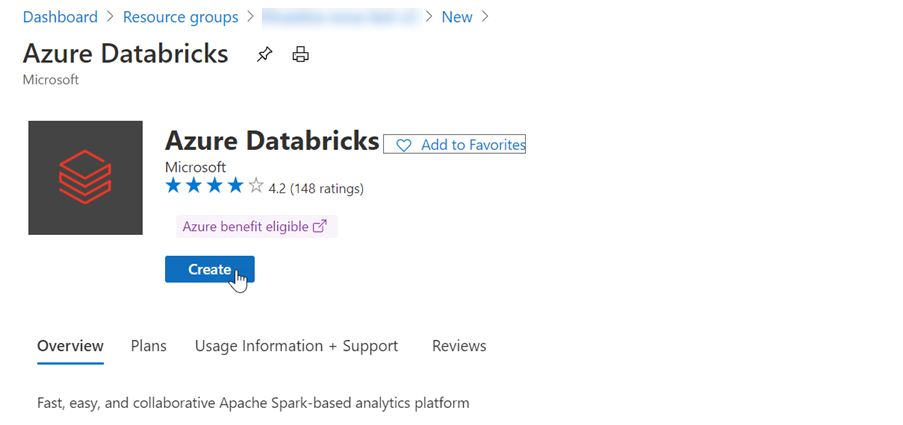 [作成] ボタンが選択された Azure Databricks オファリングを示すスクリーンショット。