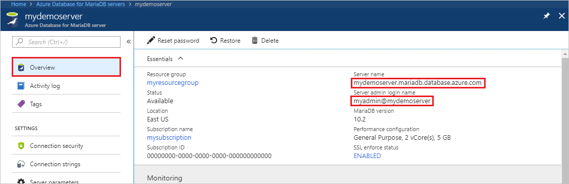 Azure portal の Azure Database for MariaDB サーバーの [概要] ペインのスクリーンショット。