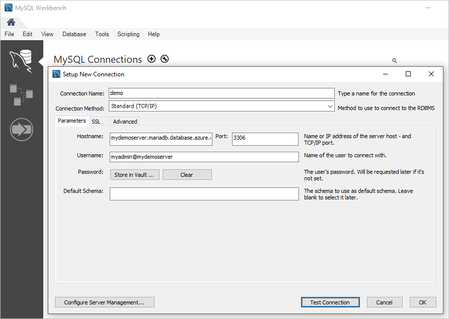 MySQL Workbench の [MySQL Connections]\(MySQL 接続\) ペインのスクリーンショット。