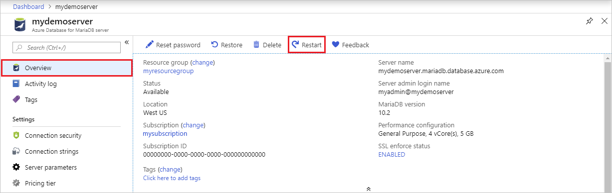 Azure Database for MariaDB - [概要] - [再起動] ボタン