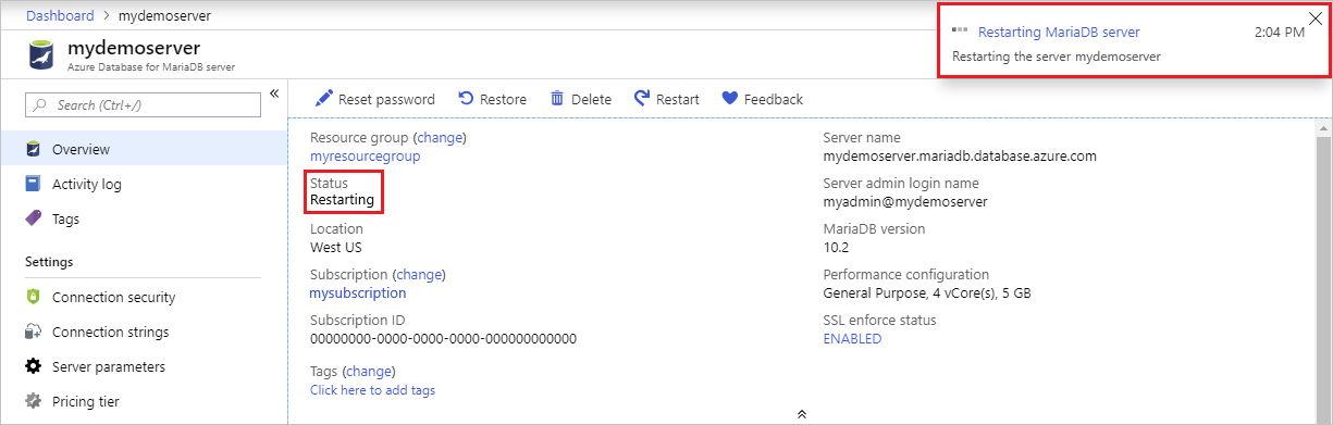 Azure Database for MariaDB - 再起動の状態