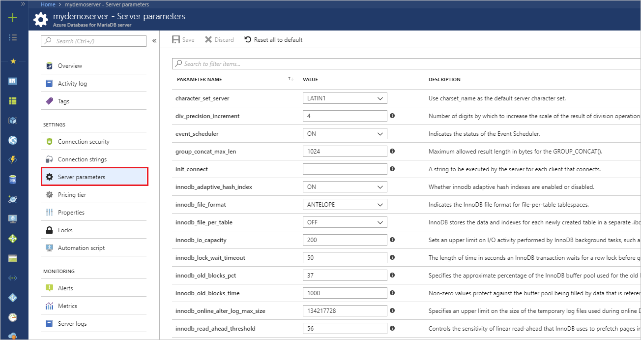 Azure Portal の [サーバー パラメーター] ページ