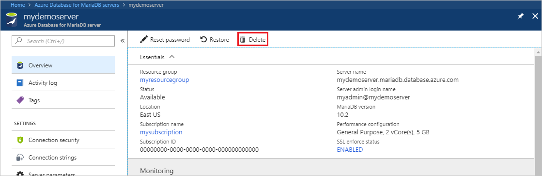 Azure Database for MariaDB - サーバーの削除