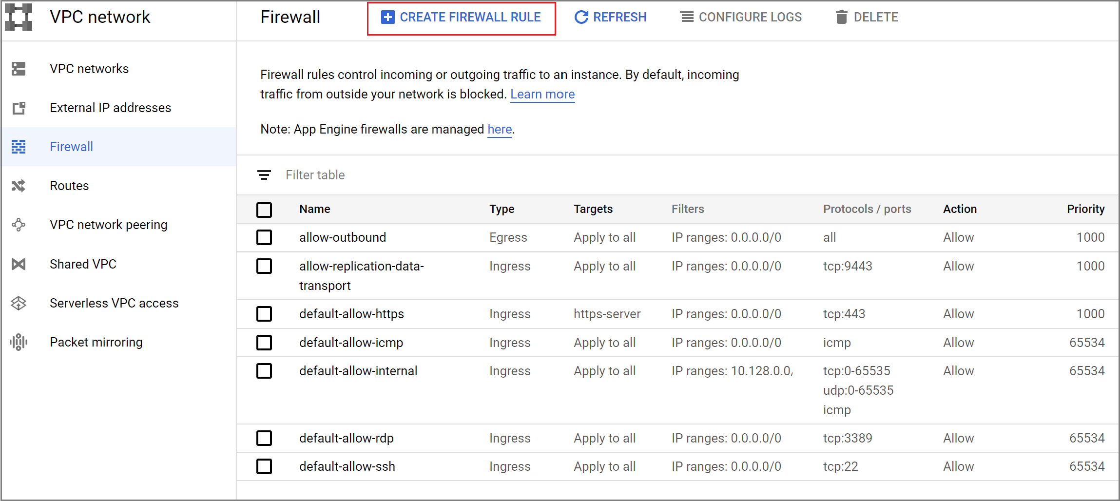 GCP ファイアウォール ルールを示すスクリーンショット。