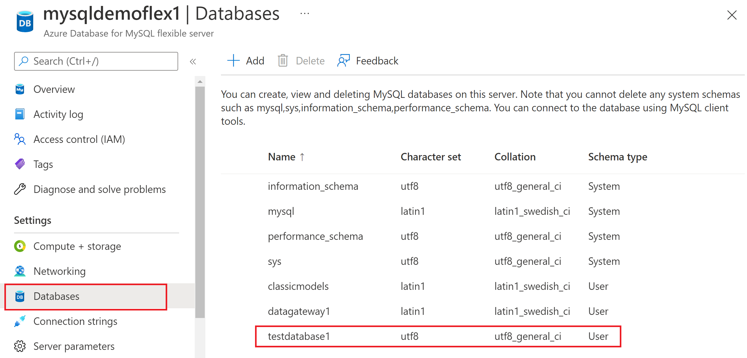 Azure Database for MySQL フレキシブル サーバー上のすべてのデータベースを一覧表示する方法を示すスクリーンショット。