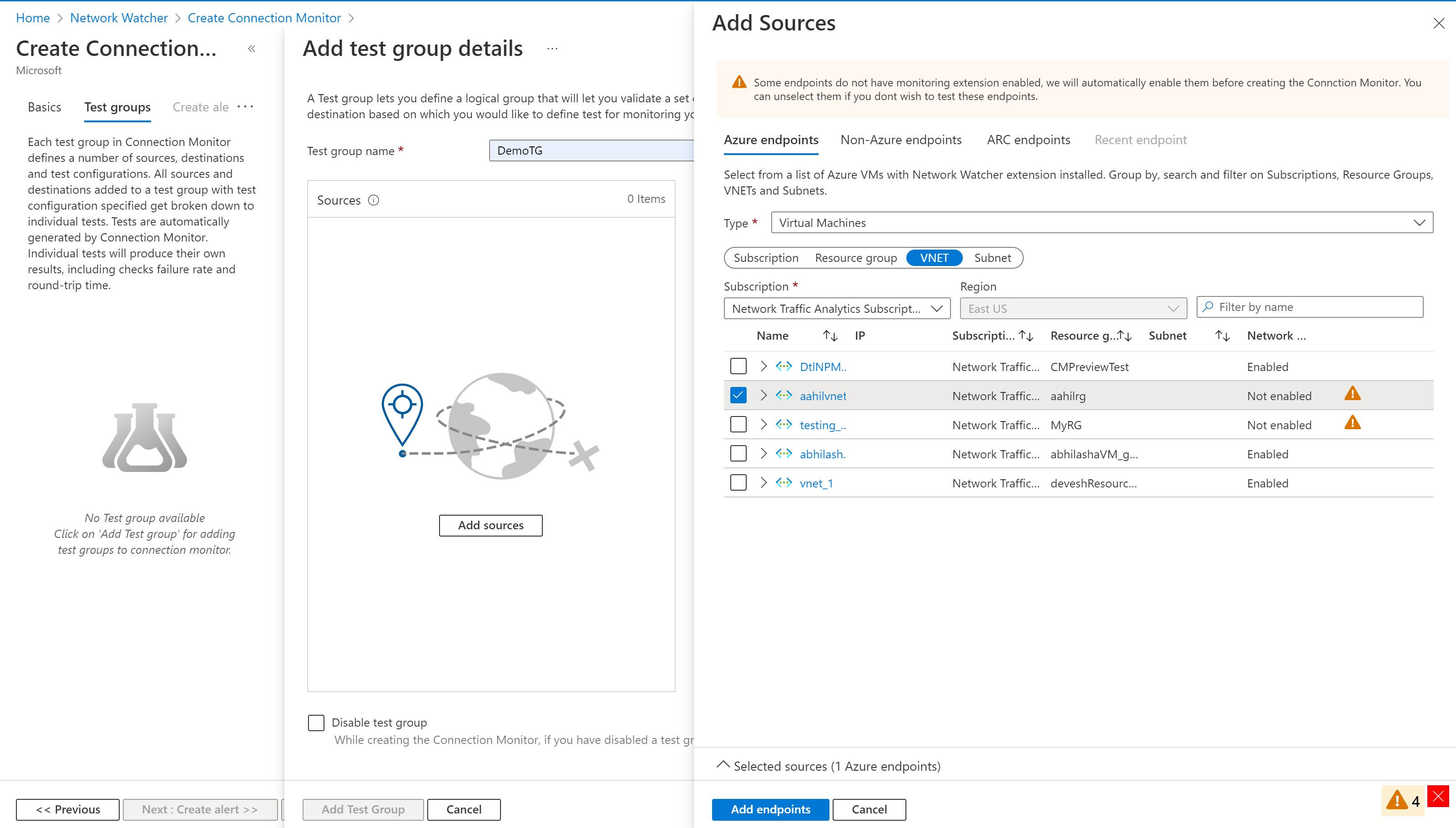 統合的に有効化された接続モニターの [ソースの追加] ペインと [Azure 以外のエンドポイント] ペインを示すスクリーンショット。