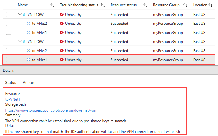 トラブルシューティング完了後に Azure portal に表示された接続の状態と VPN トラブルシューティング テストの結果を示すスクリーンショット。