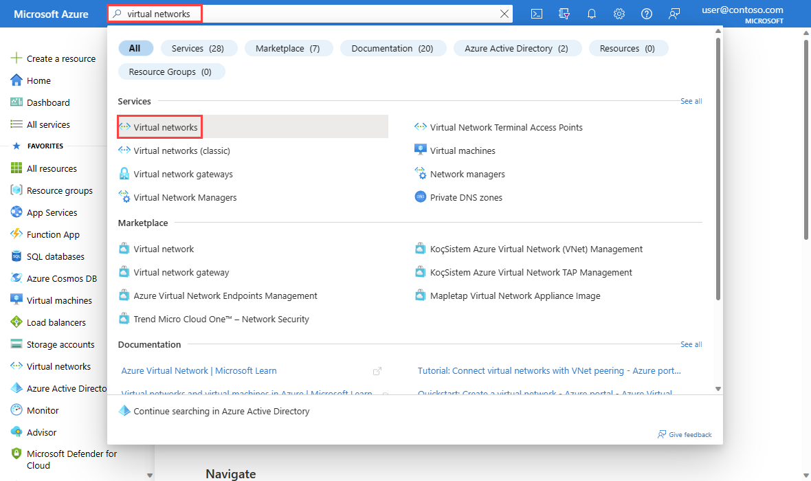 Azure portal での仮想ネットワークの検索を示すスクリーンショット。