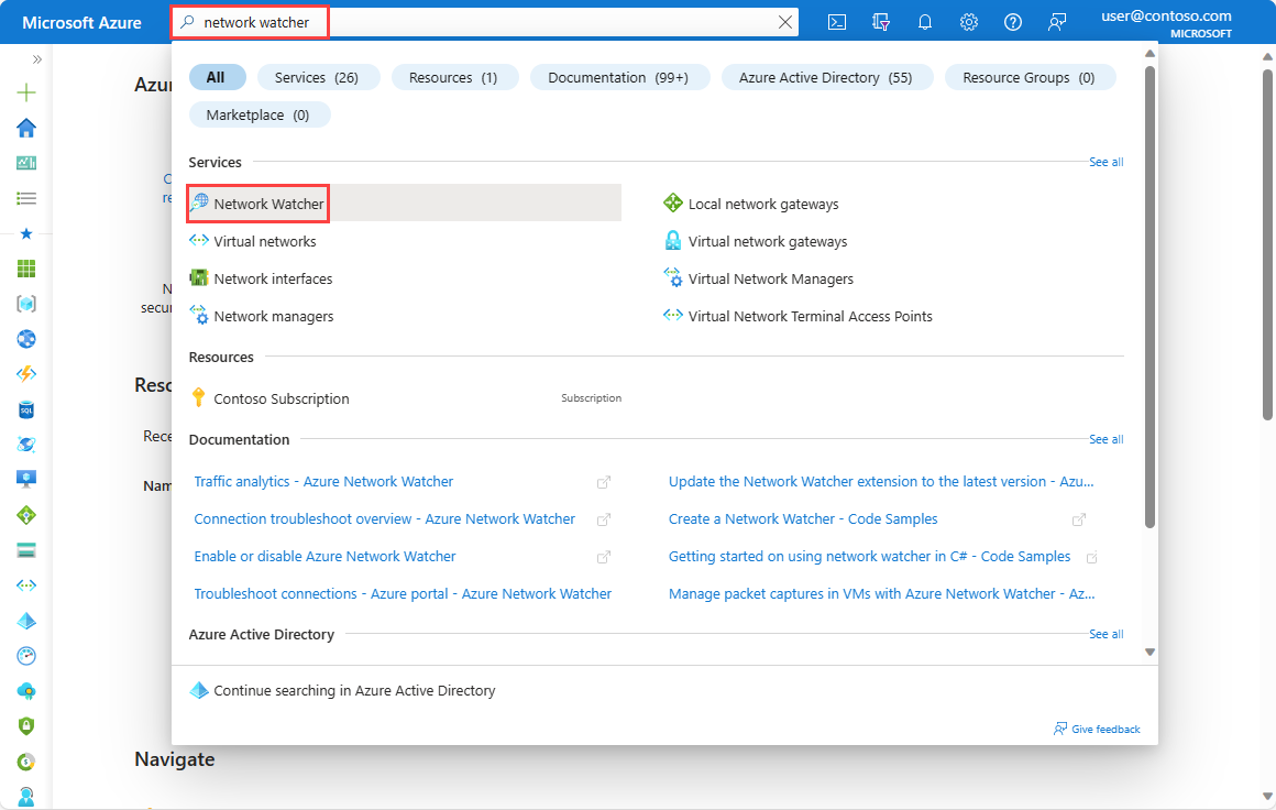 Azure portal で Network Watcher を検索する方法を示すスクリーンショット。