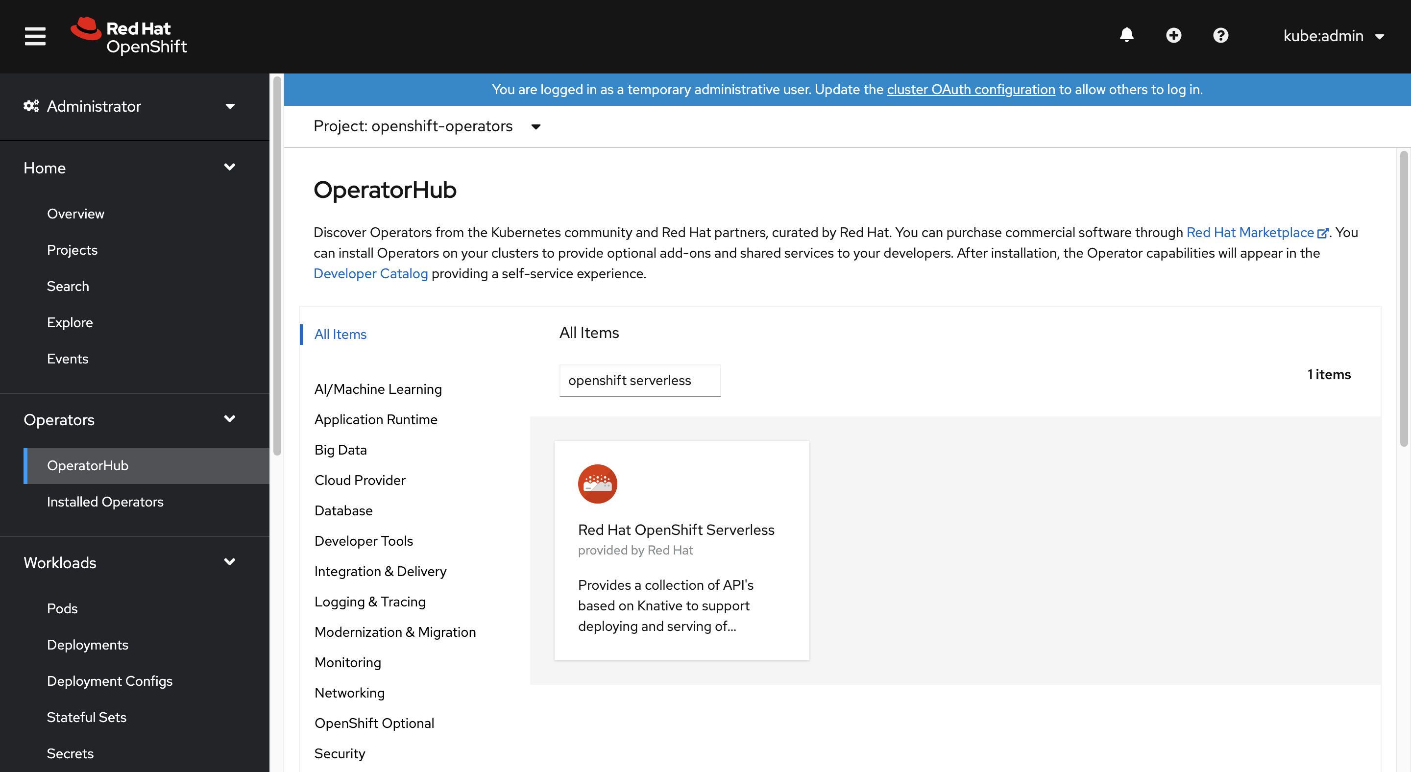 OpenShift サーバーレス オペレーターの位置を示すスクリーンショット。