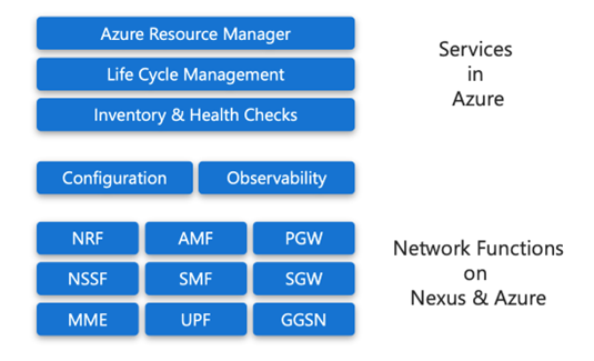 Azure で利用可能なサービスと、Nexus と Azure で実行されるネットワーク機能を示すテキスト ボックスの図。