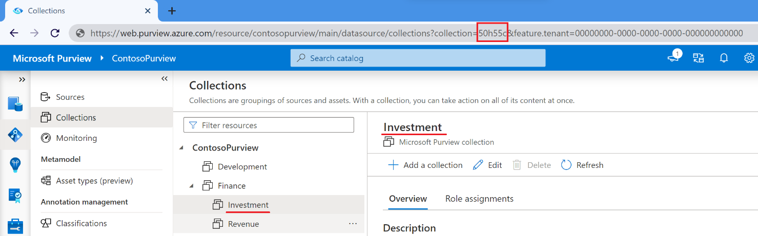 Purview コレクション URL のコレクション ID を強調するスクリーンショット。