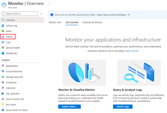 Azure Monitor メトリックの選択のスクリーンショット。