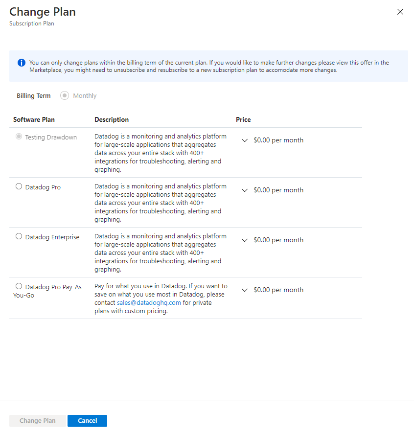 変更する Datadog 課金プランを選択します。