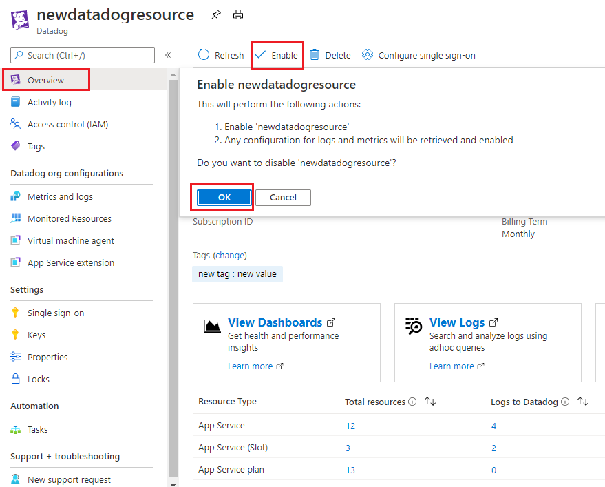 Datadog リソースを有効にします。