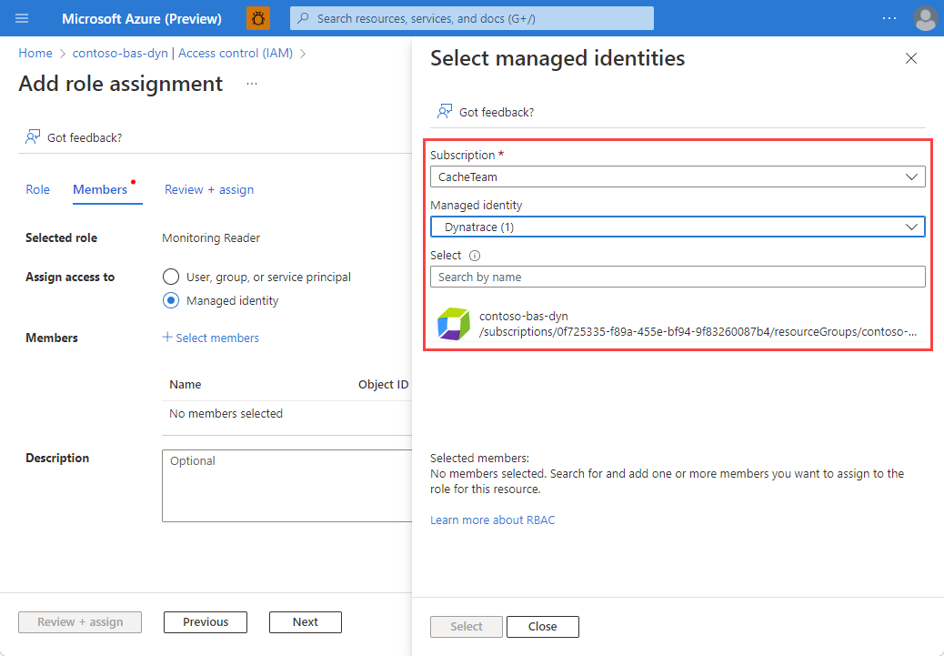 Screenshot showing the Dynatrace resource with a new contributor selected.