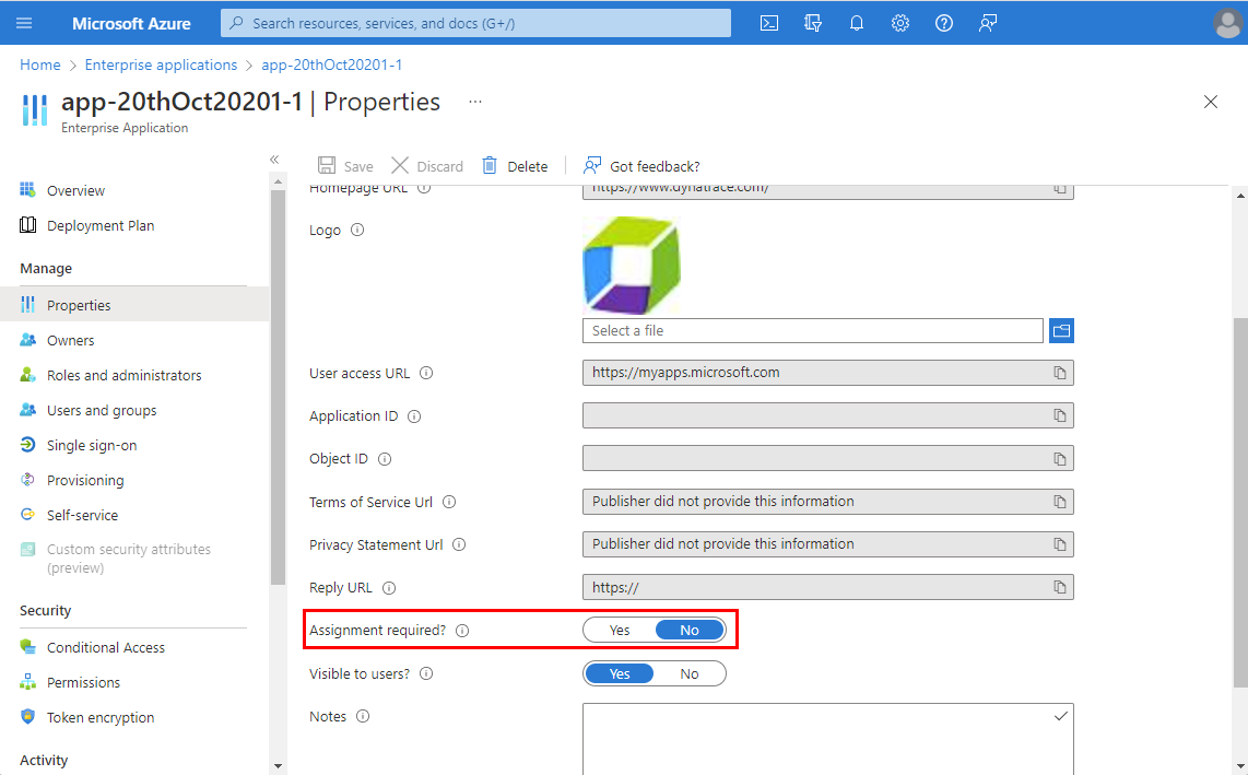 Dynatrace サービス プロパティのスクリーンショット。