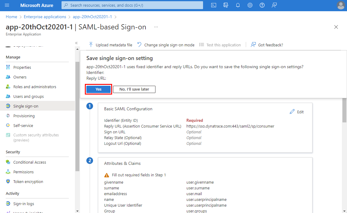 Dynatrace の SAML 設定のスクリーンショット。